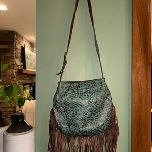 Leather Fringe Shoulder Bag - Teal and Brown